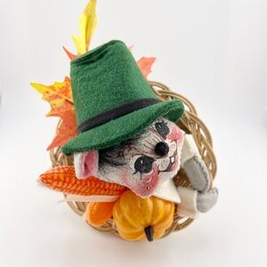 🍁 Annalee 1992 Fall Cornucopia Mouse – Vintage Thanksgiving Decor – Felt Doll